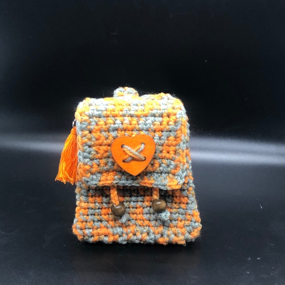 Handmade Crochet Mini Bag Keychain –Orange & Grey Key Ring w/Heart Button Tassel - Picture 5 of 11